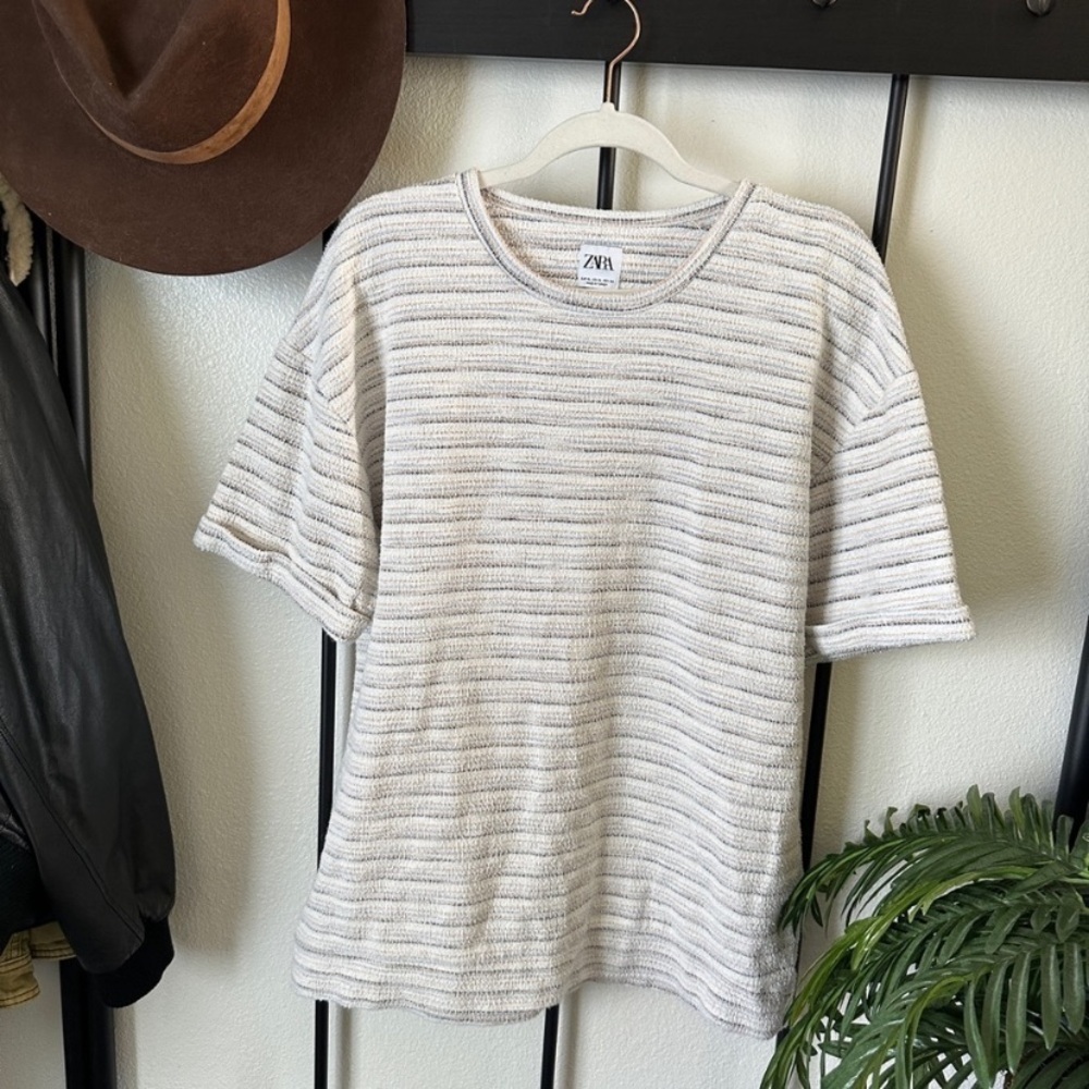 Zara Textured Knit Striped Oversized T-Shirt Top Tee